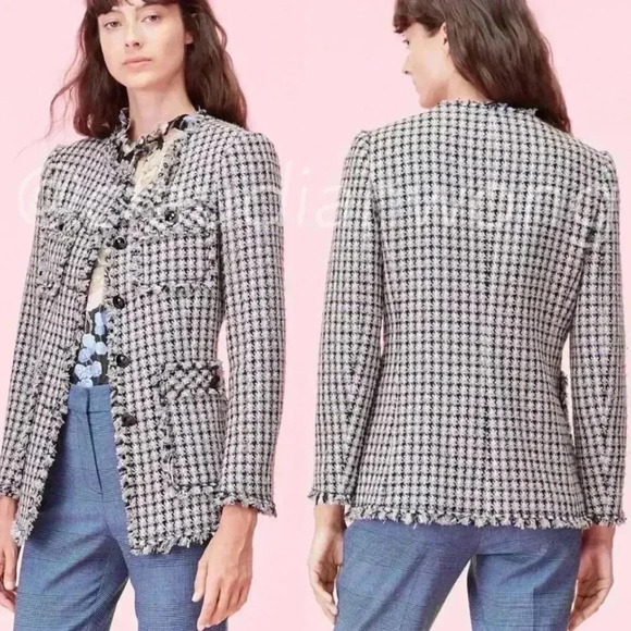 $525 REBECCA TAYLOR Houndstooth Tweed Four Pocket Robins Egg Black Jacket - Picture 1 of 10